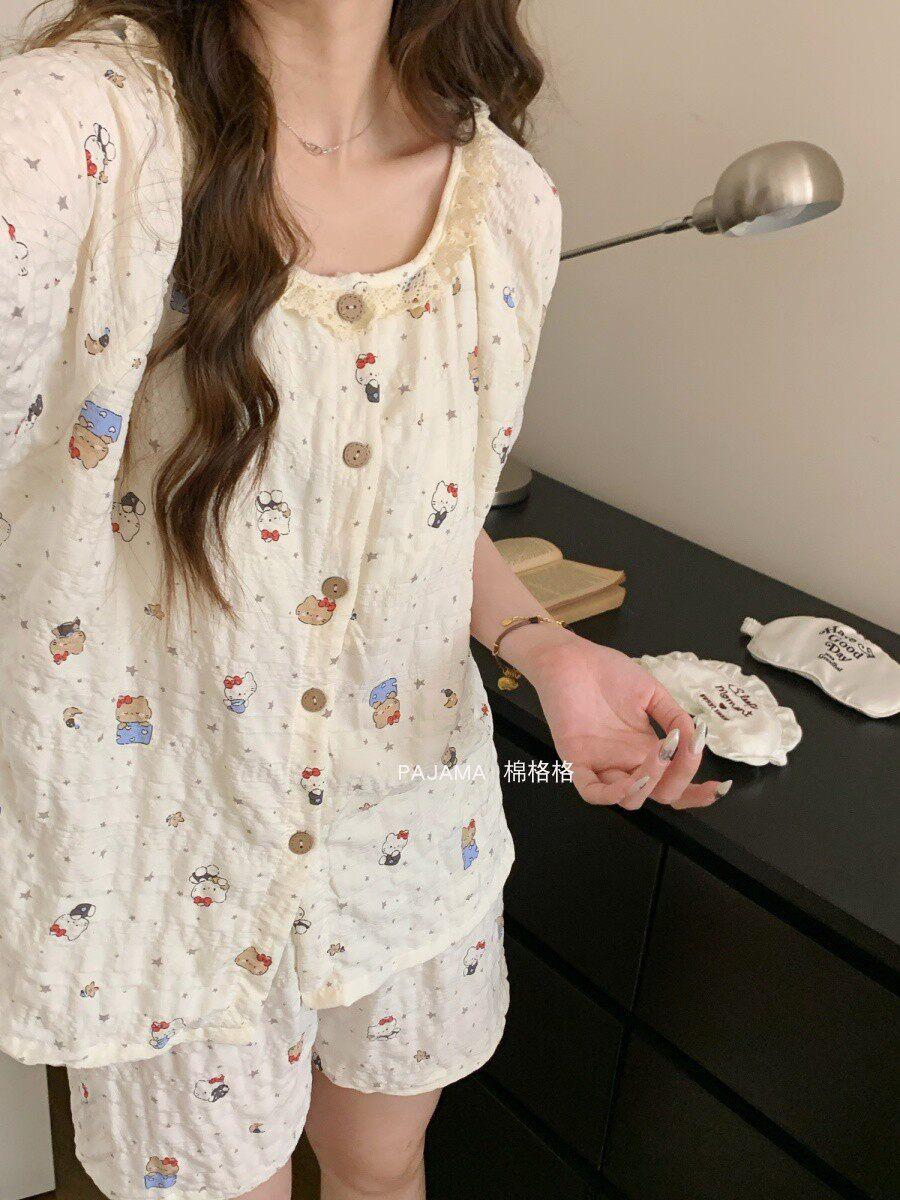 

Full print polka dot Hello Kitty pajamas women s summer short-sleeved shorts cardigan two-piece set crew neck lace loungewear S