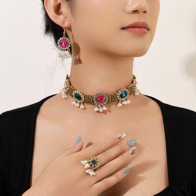 Bohemianischer Stil Diamantbesetzt Farbiger Diamantbesetzt Fransenkette, Retro Hofstil Ohrringe, Ringe, Schmuckset, Frauen