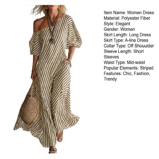 Women's Striped Off Shoulder Maxi Sleeve Casual Party Dress Short Cocktail Dress Summer Beach Vacation Flowy