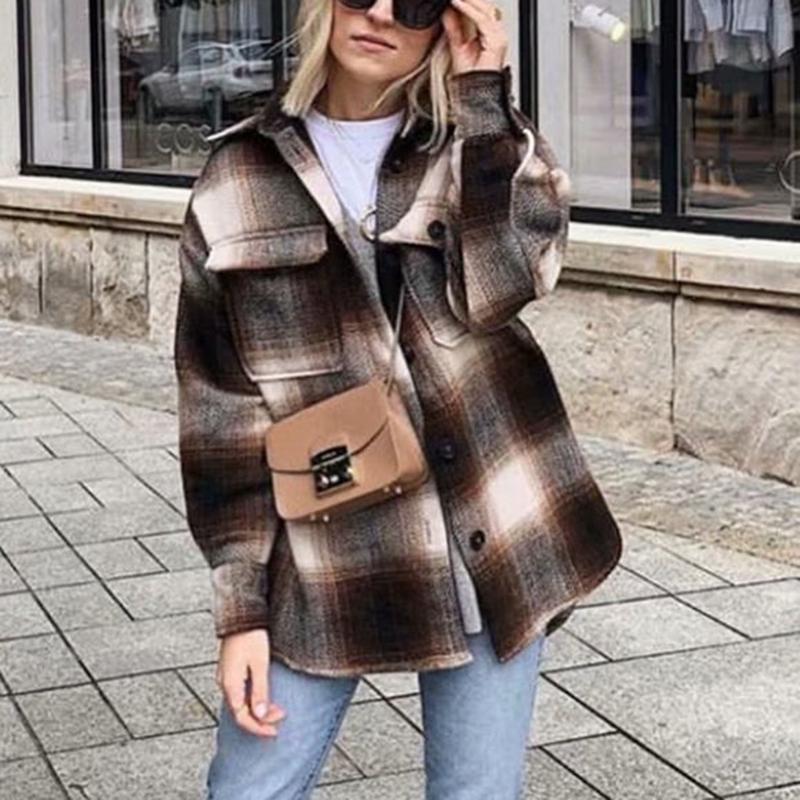 Vintage Women Long Sleeve Woolen Coats Fashion Ladies Thick Plaid Coat Female Streetwear Elegant Girls Oversize Jacket Chic