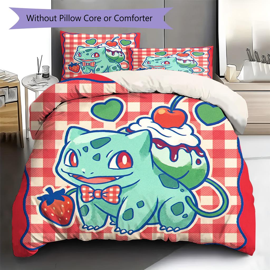 Bulbasaur Pattern Bedding Quilt Set Quilt Cover Pillowcase Home Decoration Birthday Gift (1 * duvet cover + 2 * pillowcase, without core)