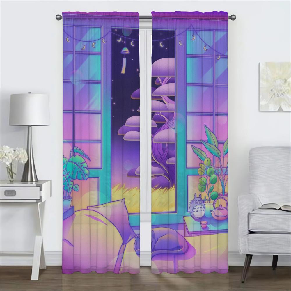 Tüll für Schlafzimmer City Pop Fenstervorhang für Zimmer 2 Paneele Mückenschutzvorhänge Halloween Dekoration Raumteiler Jalousien Wohnzimmer