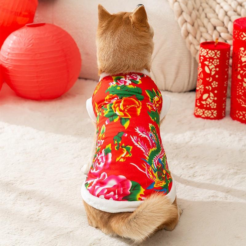 Autumn and Winter Ethnic Wind Northeast Big Flower Padded Jacket Dog Clothes Small and Medium Dog Teddy Chinese New Year Festive Pet Clothes