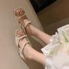 Square head French elegance summer new temperament 2025 open toe with high heels sandals bow wedge heel slippers women's word