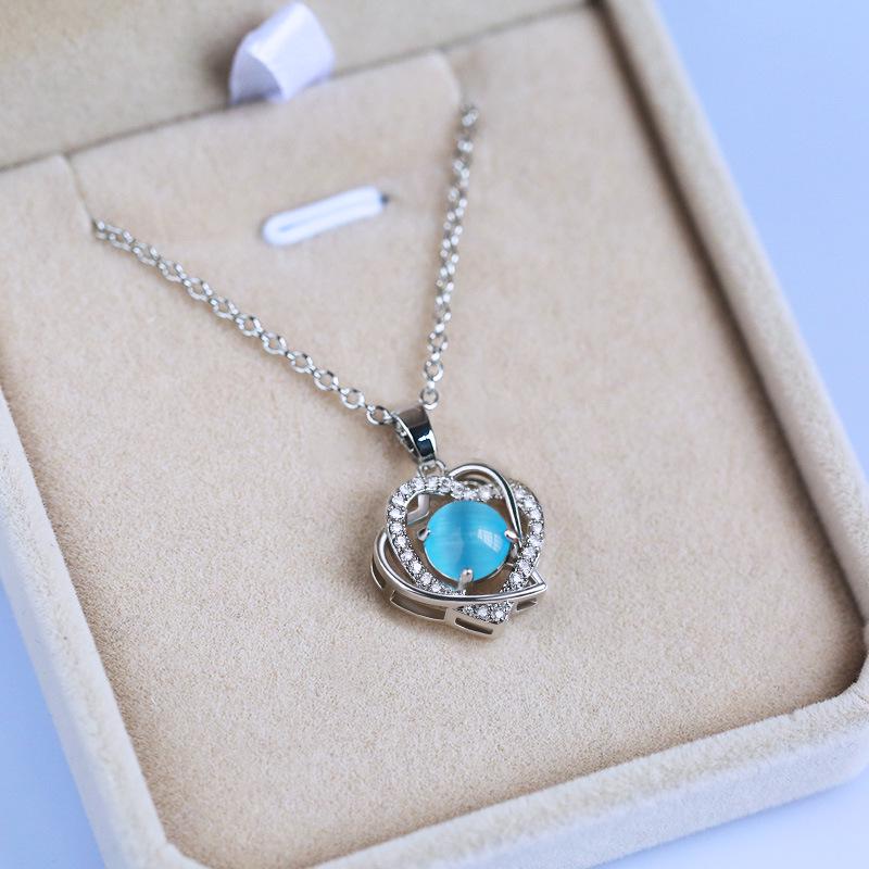 Silver Plated Cat's Eye Stone Double Heart Pendant Necklace, Sparkling CZ Halo Cable Chain Necklace for Women