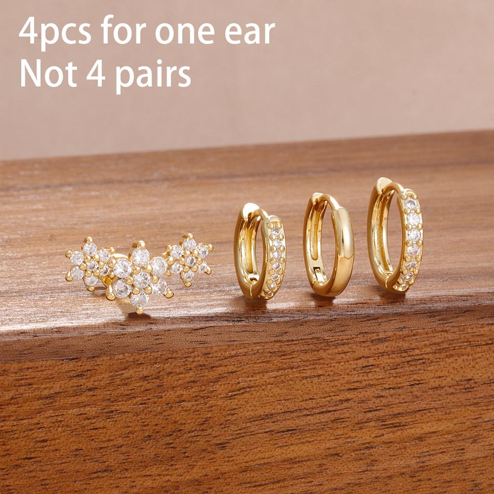 4PCS Fashion Stainless Steel Zircon Round Hoop Earrings Set For Women European Simple Hoops Flower Ear Stud Wedding Jewelry