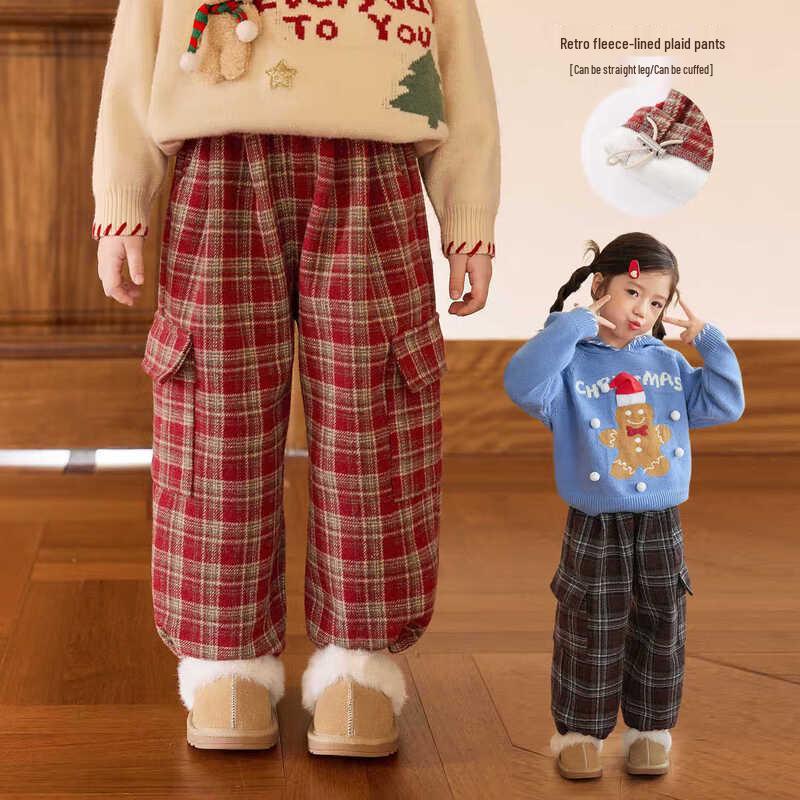 LUSON Girls  Fleece-Lined Plaid Wide-Leg Trousers 90