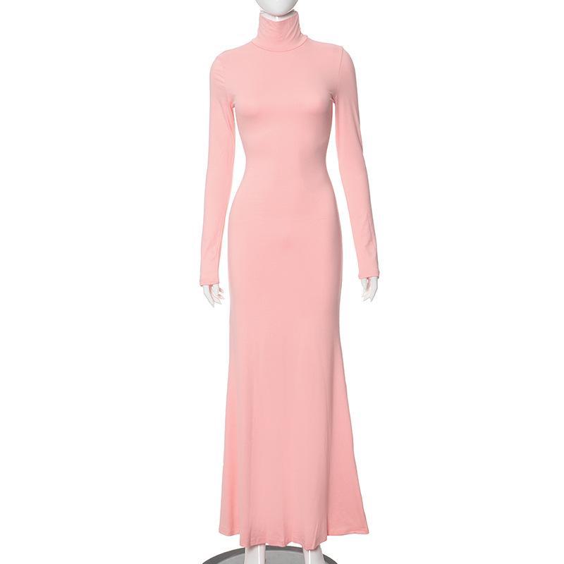 M23DS504 Women's Solid Color High Collar Slim Fit Fishtail Dress - European & American Autumn Collection