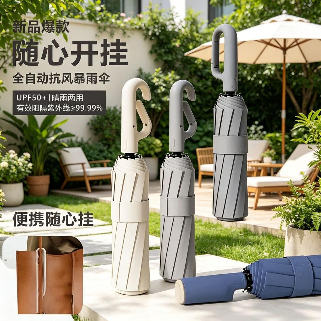 Reverse ring buckle umbrella, fully automatic, enlarged, thickened and reinforced, strong weather and rain dual-purpose sun protection and UV