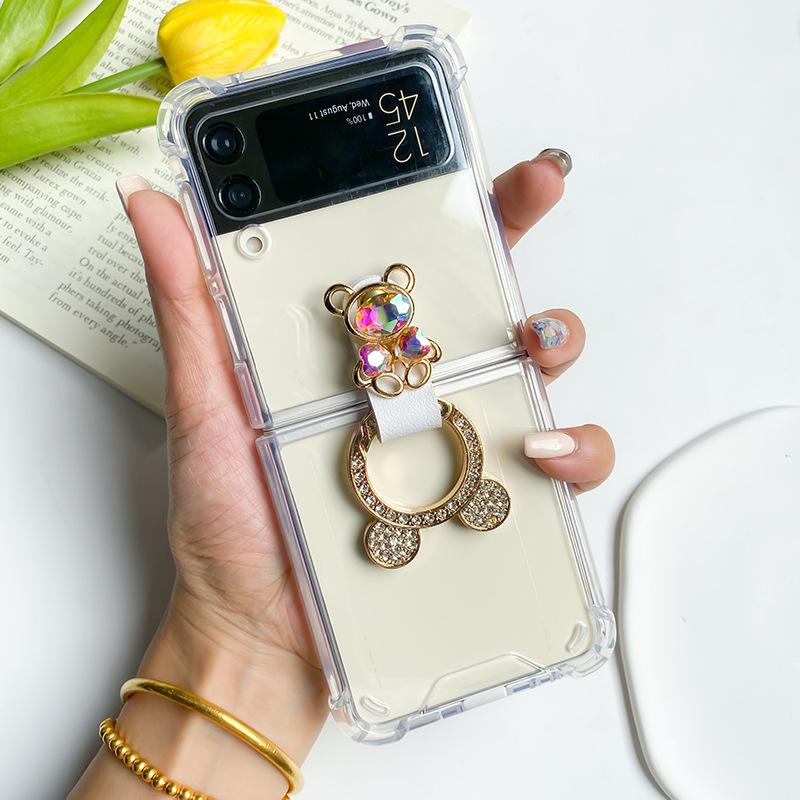 

For Samsung ZFlip6 Airbag Anti-fall Flip Folding Screen Mobile Phone Case Rhinestone Bear 7 Transparent Simple Ring Ins For Samsung ZFold5