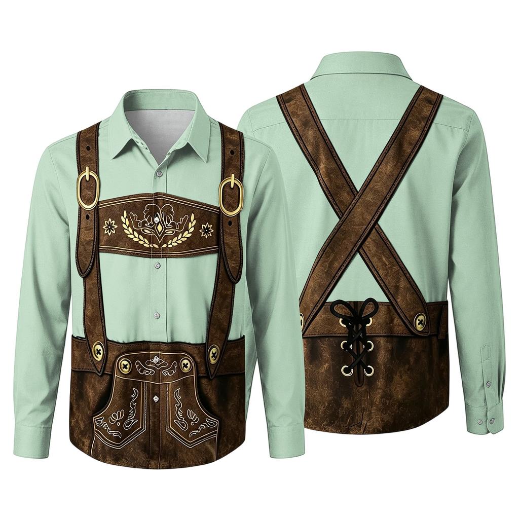 Camicia da uomo per l'Oktoberfest con stampa 3D, vestibilità larga, manica lunga, colletto, casual, stile vintage, traspirante, per lavoro, festival all'aperto, festa