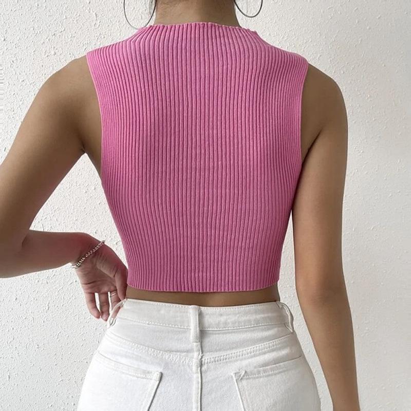 Women Crochet Knit Tank Top Y2K Hollow Out Button Down Sweater Vest Sleeveless V Neck Knitted Crop Top Streetwear