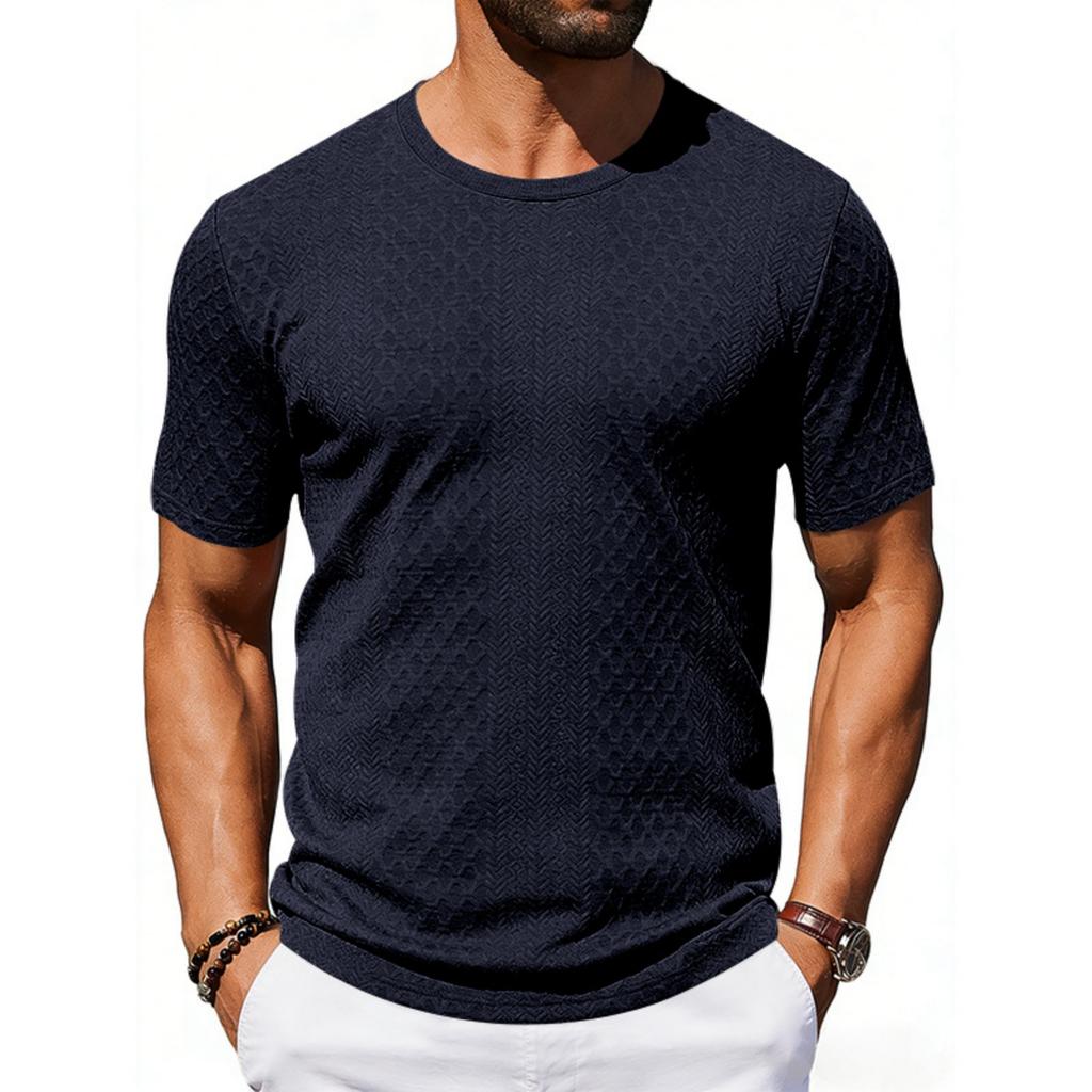 Men's Casual And Fashionable -color Textured T-shirt With Round Neck And Short Sleeves