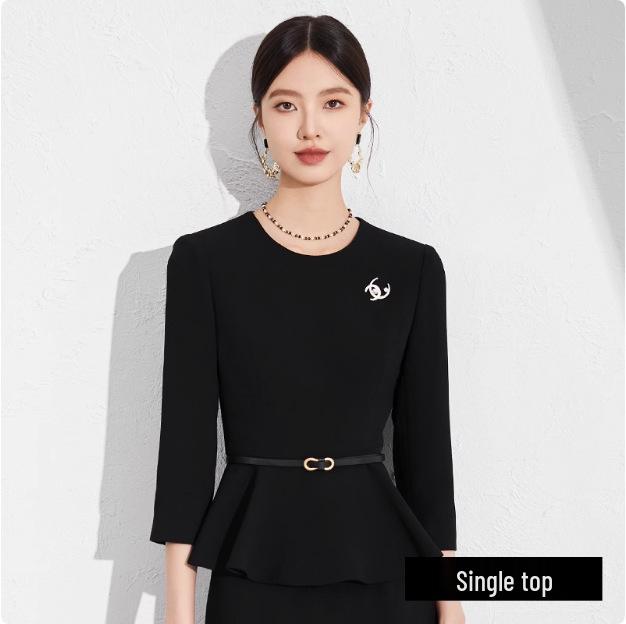 Elegant Black Slimming Ruffle Long Women's Dress Set - Spring/Autumn Formal OL Style