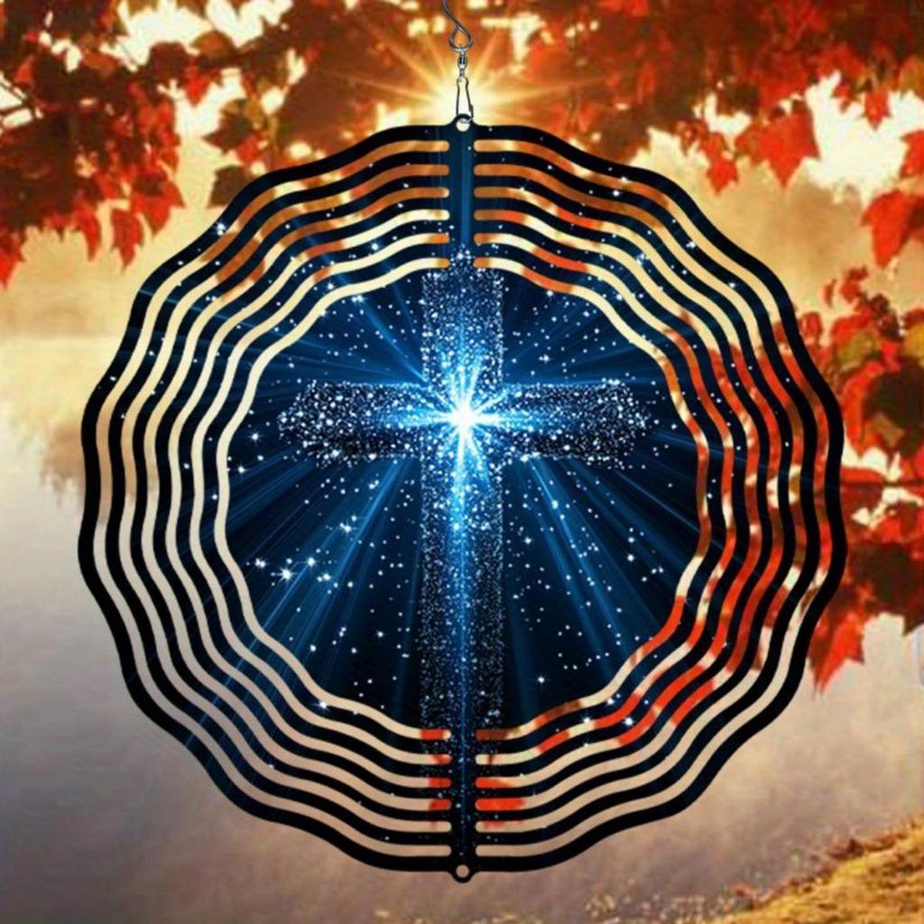 Starry Sky Blue Light Cross Pattern Wind Rotating Chime Metal Hanging Ornament for Yard Balcony Window Outdoor Decor Gift