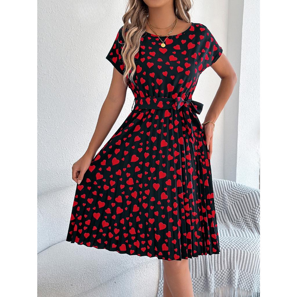 QICED Spring Summer Casual Color-blocking Heart-shaped Short-sleeved Waist-cinching Pleated Dress Women's Wear