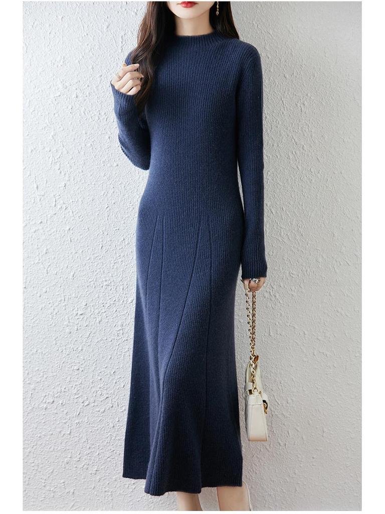 2025 H/W Damen Schlankmachendes Gestricktes Woll A-Linien Midikleid mit Halbhohem Kragen