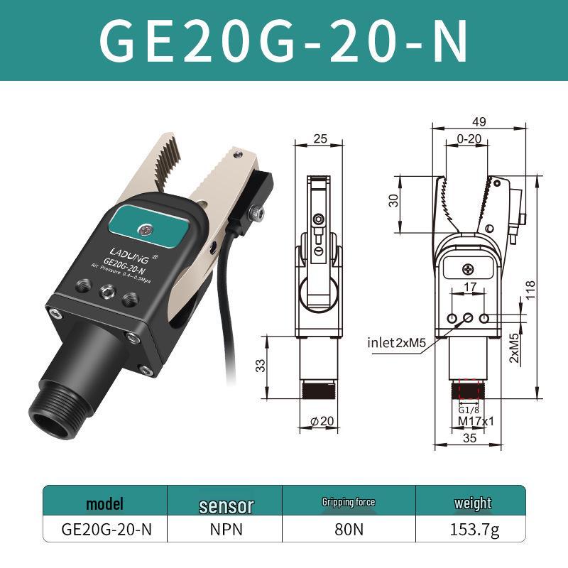 Double-Acting Pneumatic Needle-Nose Gripper GE20B-20 for Robotic Arm and Water Jet Applications