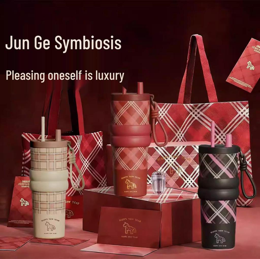 Year of the Horse Stainless Steel Thermos Cup with Ceramic Liner & Straw - Girls' Car Water Bottle, Perfect New Year Gift