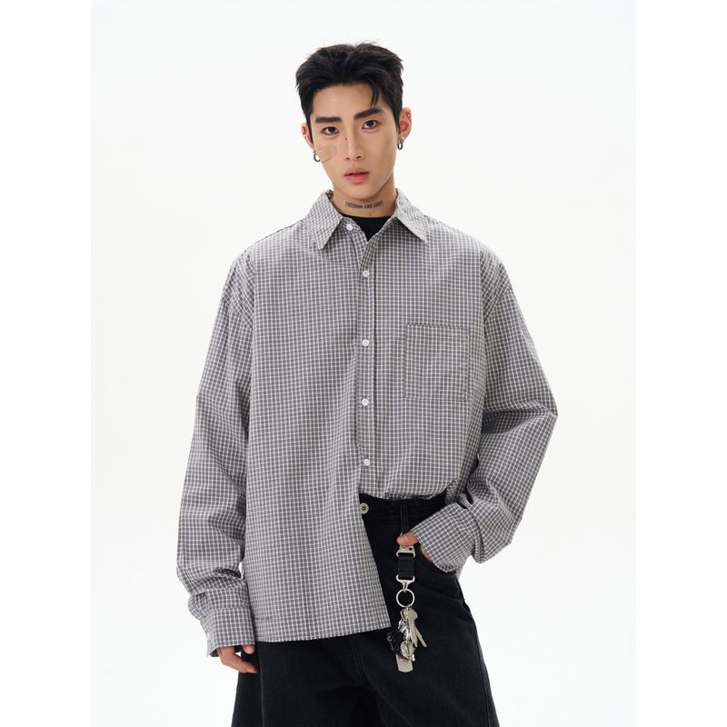 Kisko American Retro Casual Loose Blue Plaid Long-Sleeved Shirt for Men and Women Spring Simple Basic Shirt Jacket