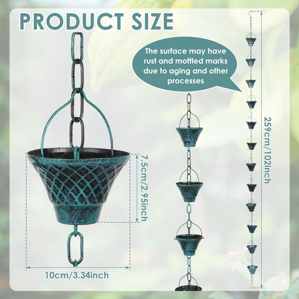Metal Rain Chain Decorative Rainwater Diverter with Hook Exquisite & Retro Appearance Rain Cup Chime for Garden Patio Courtyard