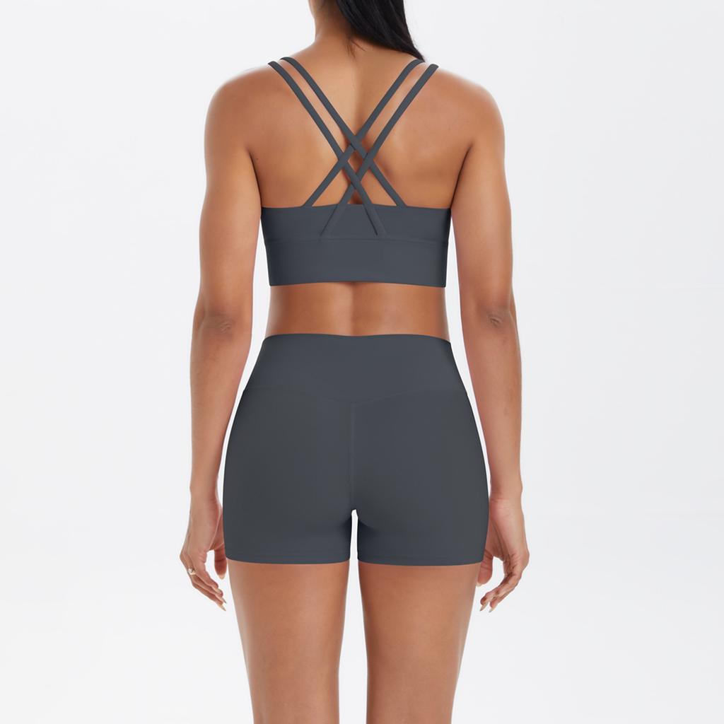 Nude Brushed Cross Back Bra, Casual Sports, Hip Lifting Shorts, Fitness Yoga Suit Two-piece Set