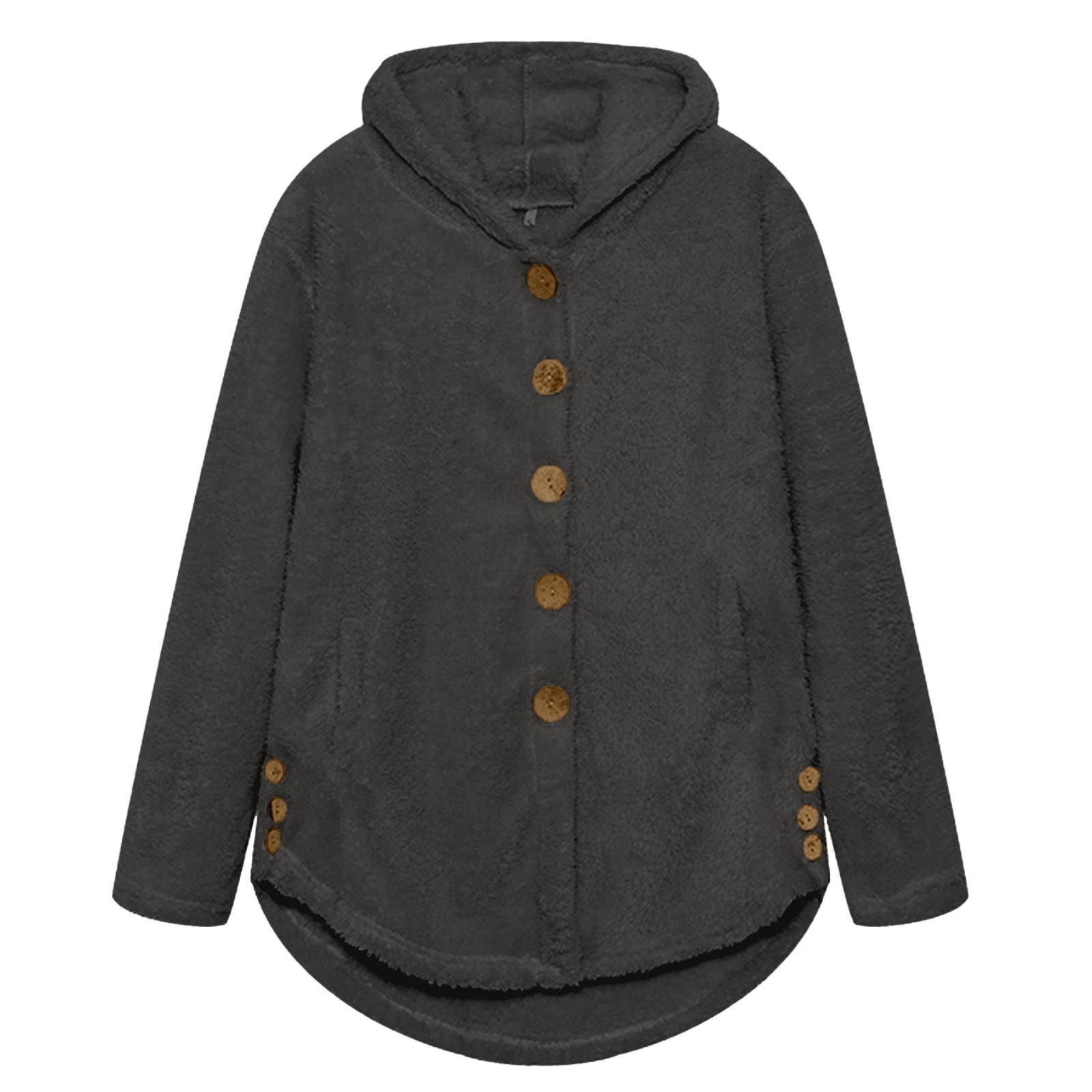 

Женская свободная повседневная однотонная плюшевая куртка с капюшоном и длинными рукавами на пуговицах, модная куртка L чёрный