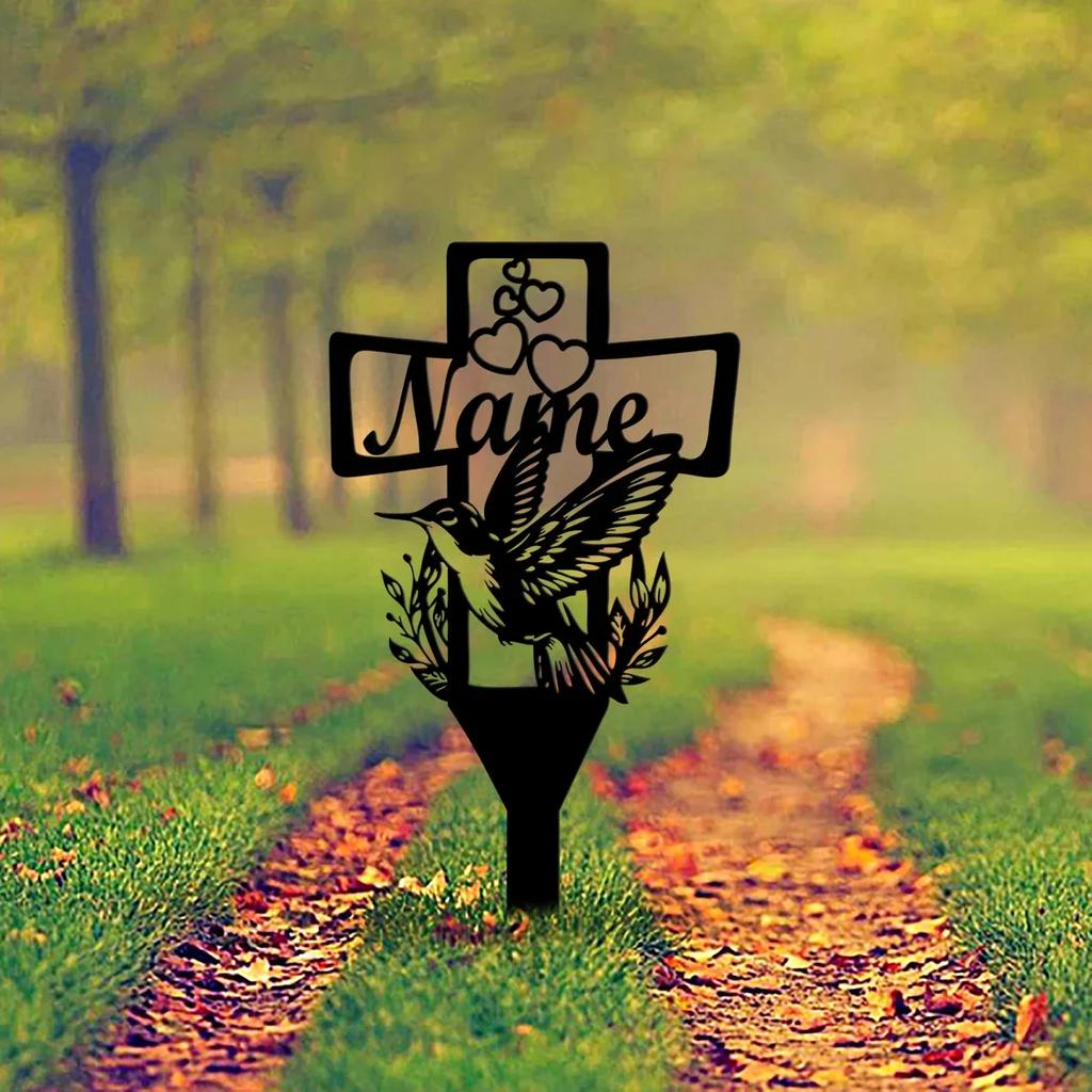 Hummingbird Metal Garden Stake Decorative Cross Memorial Gift for Bird Lovers Outdoor Art