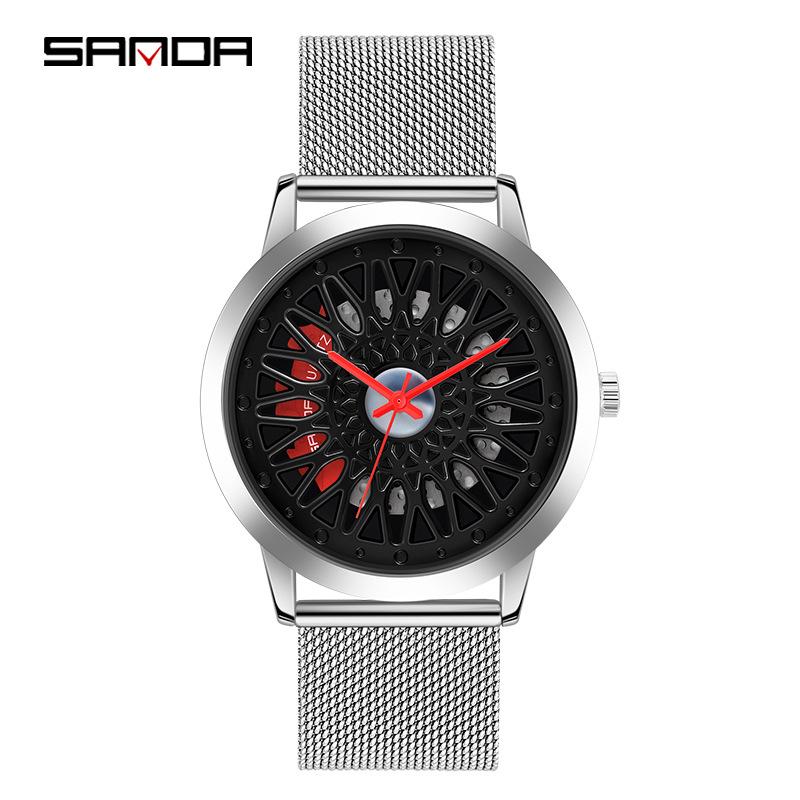 Sanda Men's Fashion Quartz Watch, Mesh Strap, Waterproof, Outdoor Casual, Hollow Wheel Dial.