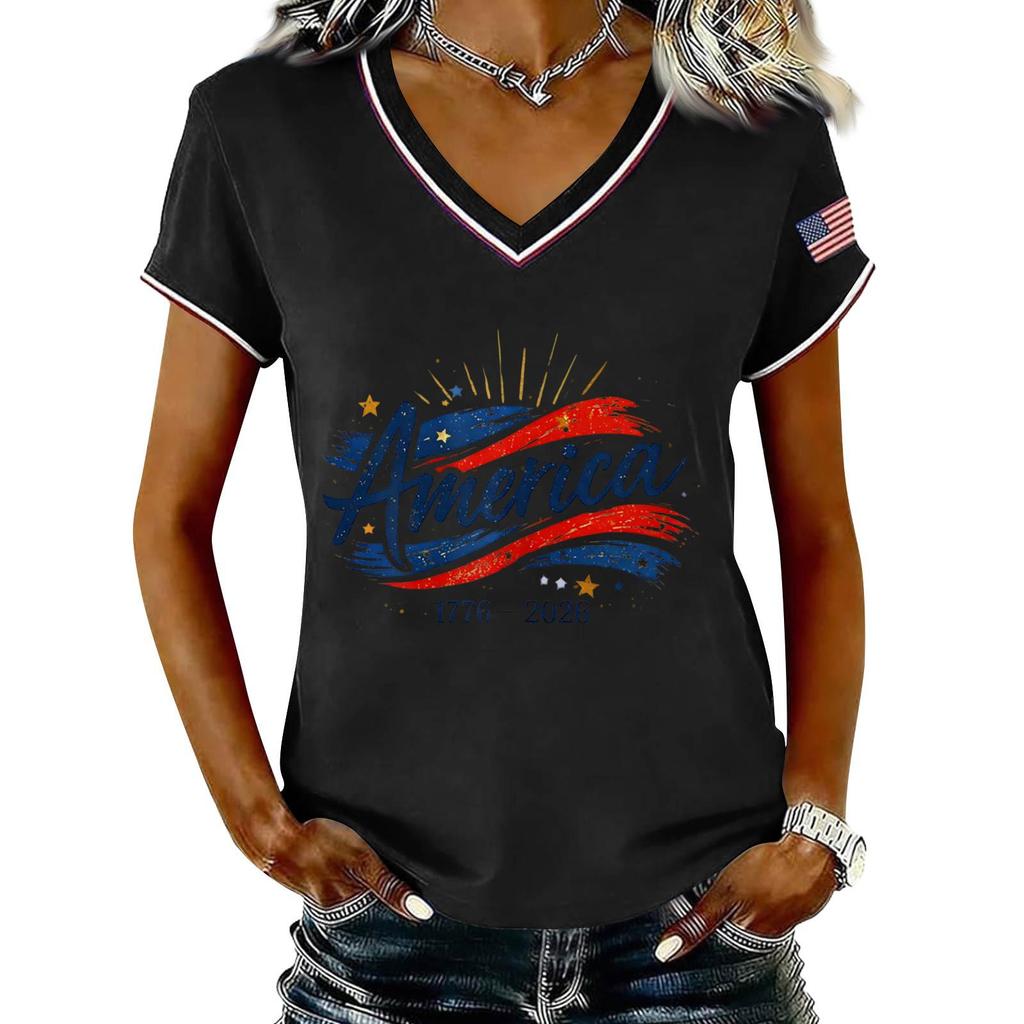 Damen Lässiger V-Ausschnitt Kurzarm Pullover Bedrucktes T-Shirt Top