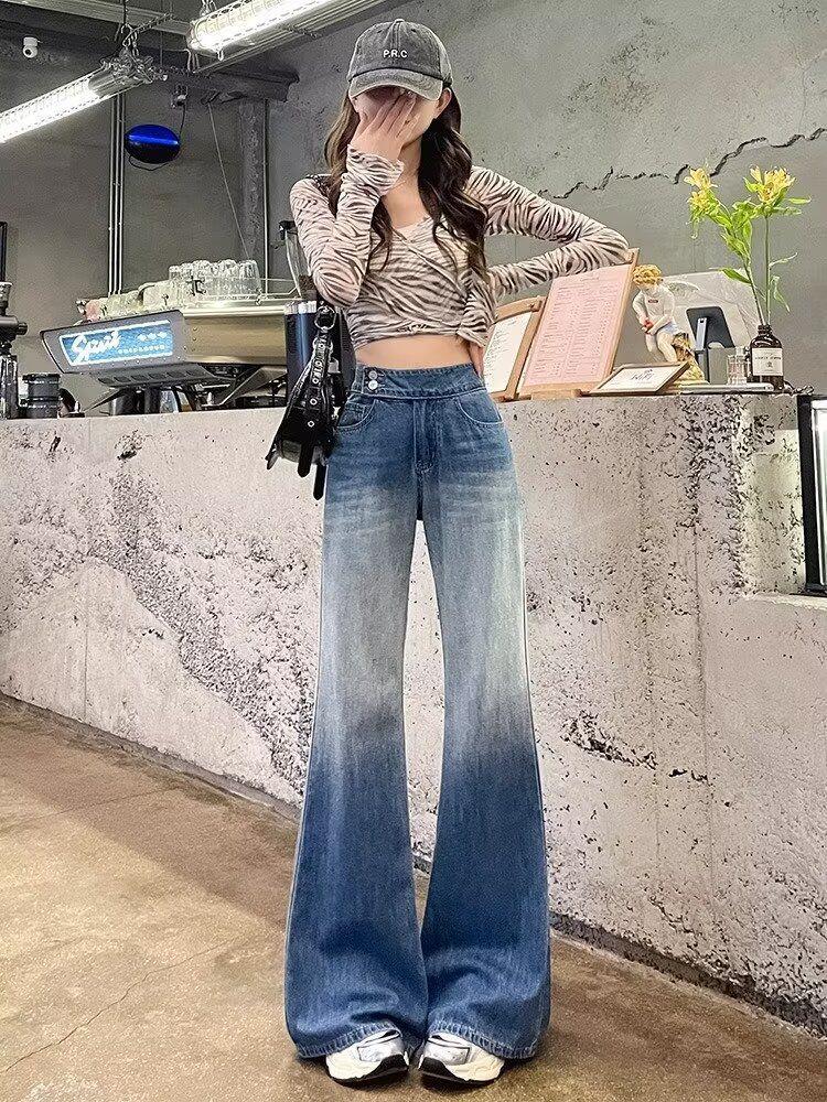 

2024 Autumn Women s Wide-Leg Flare Jeans - High-Waisted, Flattering Gradient, Floor-Length Pants M синий