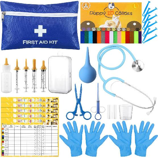 48 Pcs Puppy Kitten Whelping Kit Include 4 Puppy Feeding Tube, 6 Record Keeping Charts, 15 Whelping Collars, 15 Cord Clamps, 2 Gloves, Bulb