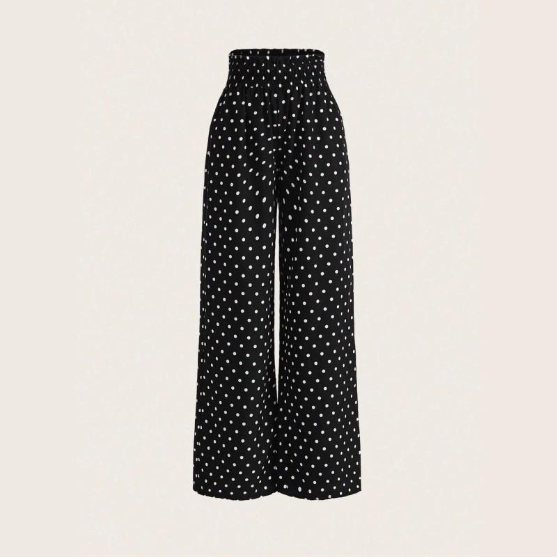 2026 Womens French Polka Dot High-Waist Straight Leg Trousers Casual Office Wear Daily Travel Essential