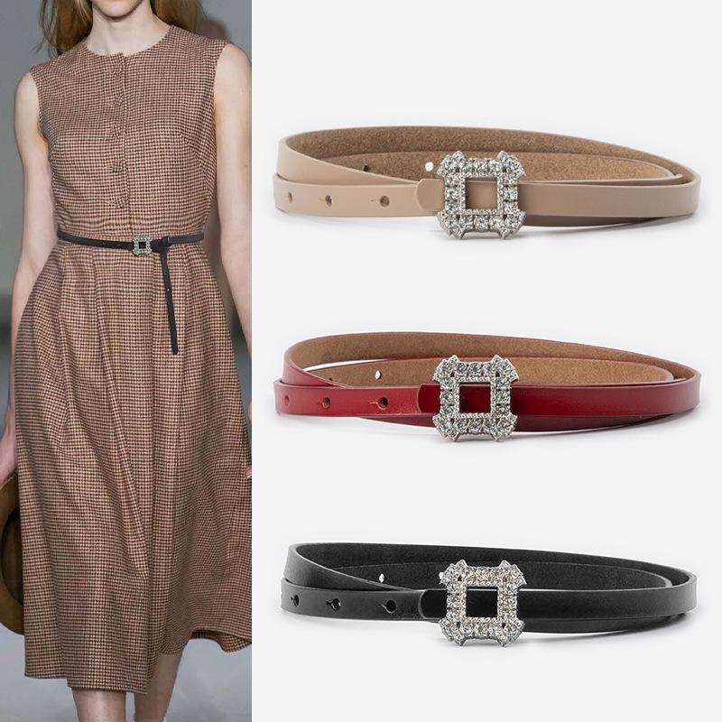 Diamond-in Leather Women's 1.0 Thin Belt Cowhide with Dress Casual Pants Women's Versatile Belt