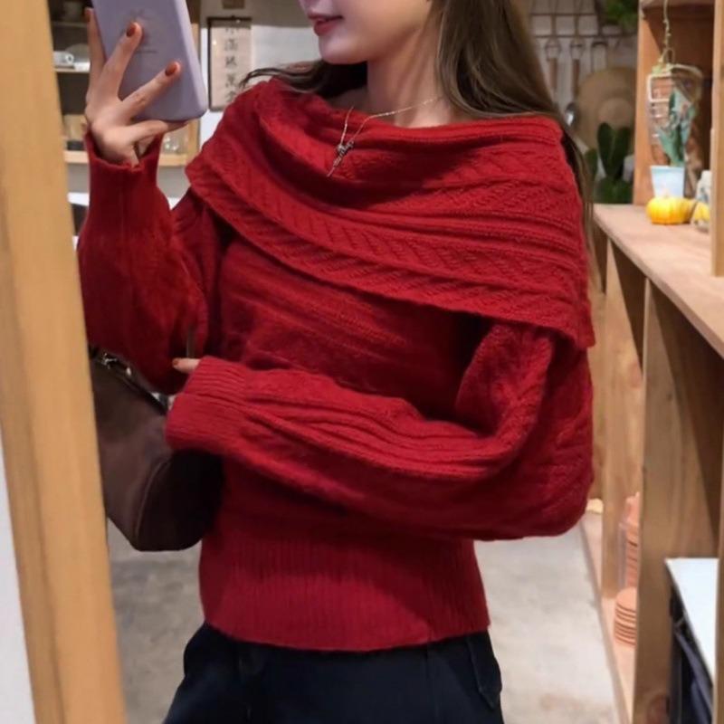 New Year's Korean Casual One-shoulder Sweater Women's Autumn and Winter New High-end Unique Sweater Top