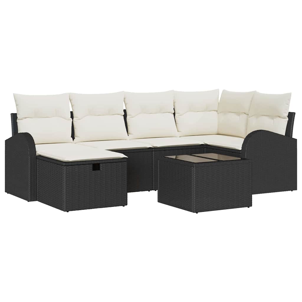 Garden Sofa Set with Cushions 7 Pcs Black Poly Rattan