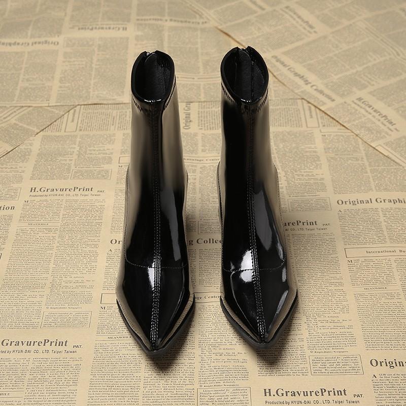 Fashion Autumn Patent Leather Women Ankle Boots Thick Heels Ladies Shoes Fashion Pointed Toe Comfortable Short Botas De Mujer