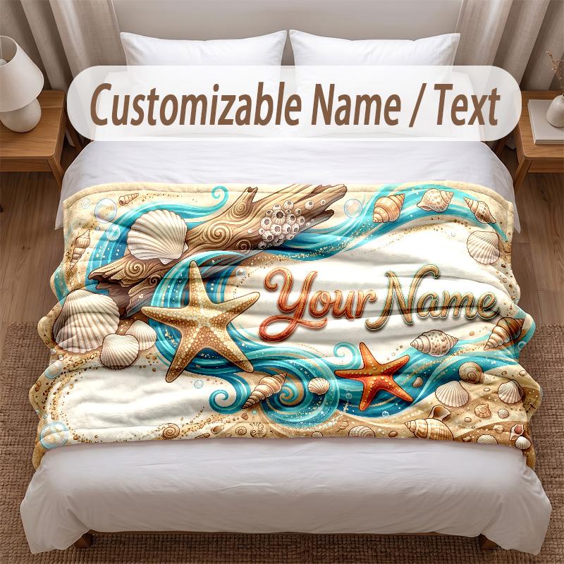 Fish Ocean Theme Soft Blanket Personalized Custom Name Text Print Warm Blanket Home Sofa Bedroom Decor