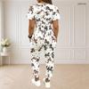 Women Plus Size White Printed Two Piece Set Round Neck Short Sleeve Top Drawstring Cuffed Pants With Pockets