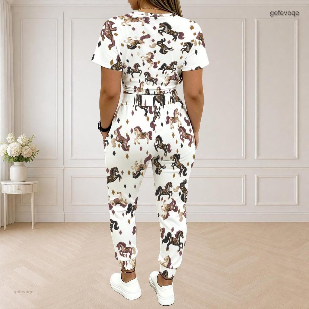 Women Plus Size White Printed Two Piece Set Round Neck Short Sleeve Top Drawstring Cuffed Pants With Pockets