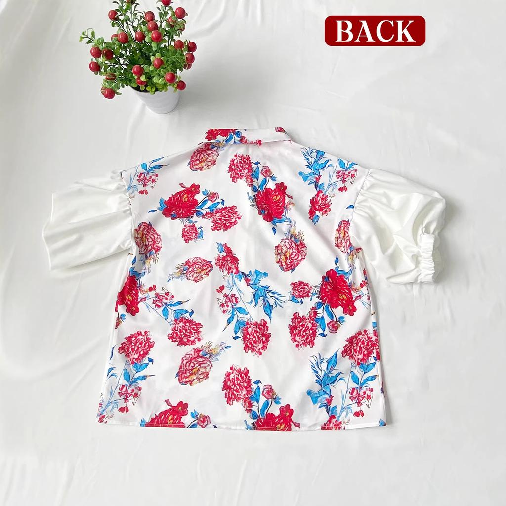 Chemise imprimée française pour femme été manches lanterne ample réduction d'âge chemise de vacances style peinture à l'huile rétro top floral à manches courtes