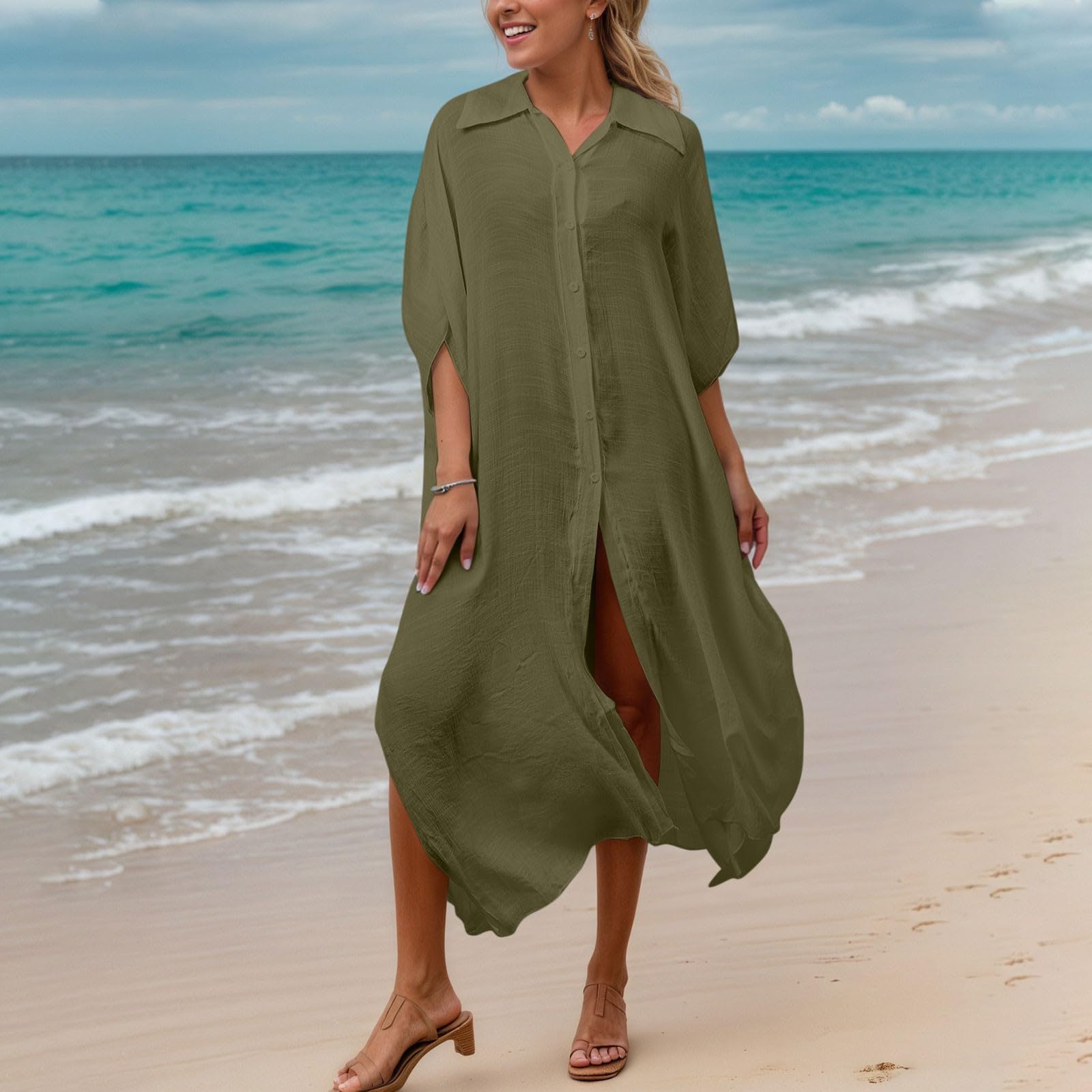 

Bathing Suit Cover Up For Women Long Button Down Shirts Casual Beach Dresses Tops Summer Bathing Suit Blouse One Size