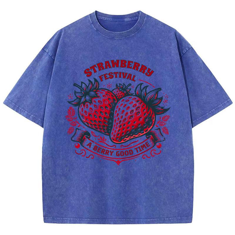 Strawberry Estival A Berry Good Time Prints Washed TShirt Women Cotton Tops Street Comfortable ONeck T Shirt Summer Clothes