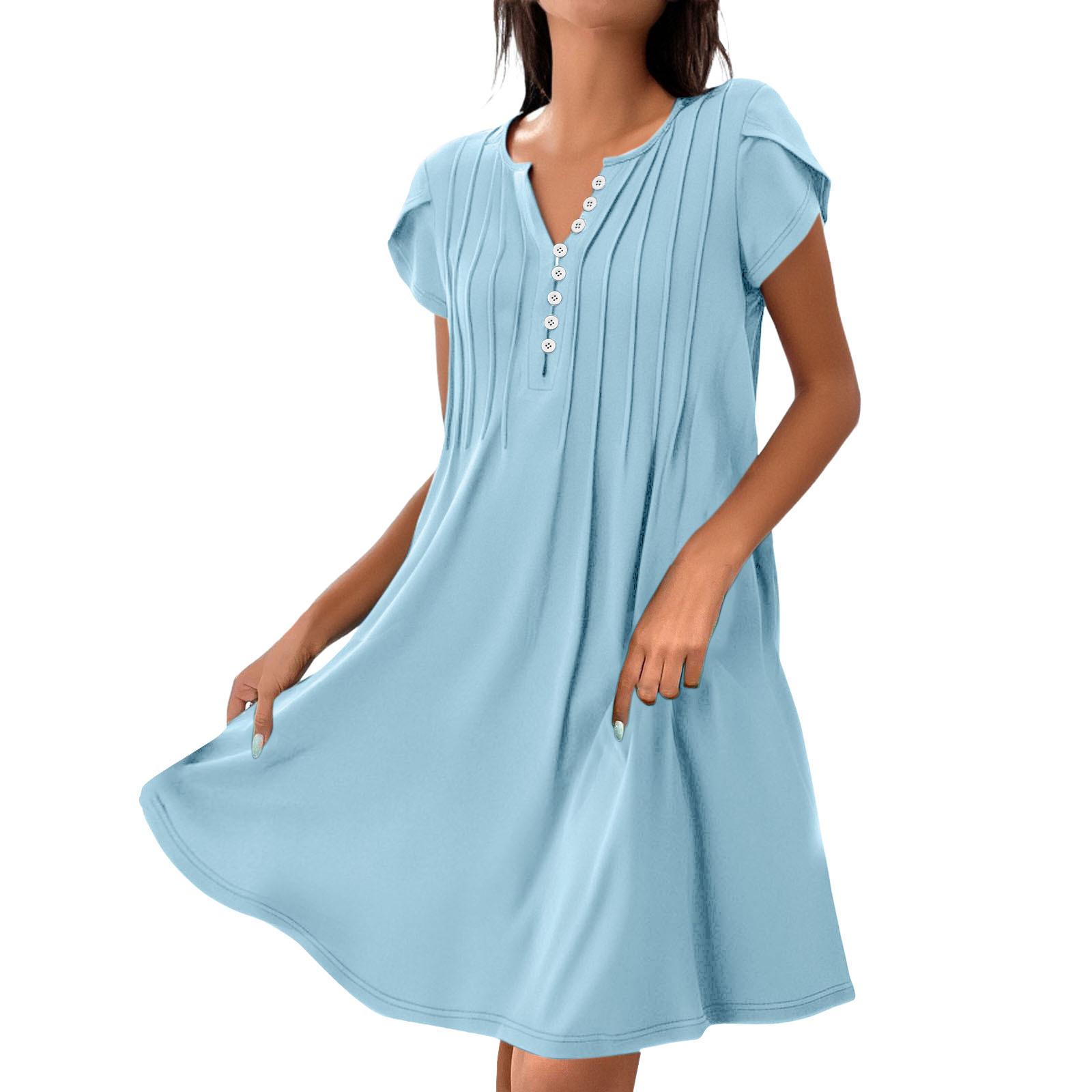 

Women s Short Sleeve V-Neck Button Front Flared Dress in Multiple Colors XXL світло-синій колір