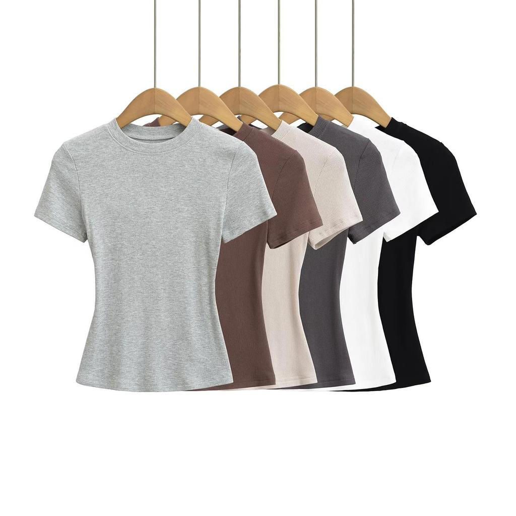 2025 Summer Kardashian Style Ribbed Short Sleeve Top - Solid Color & Sexy Round Neck