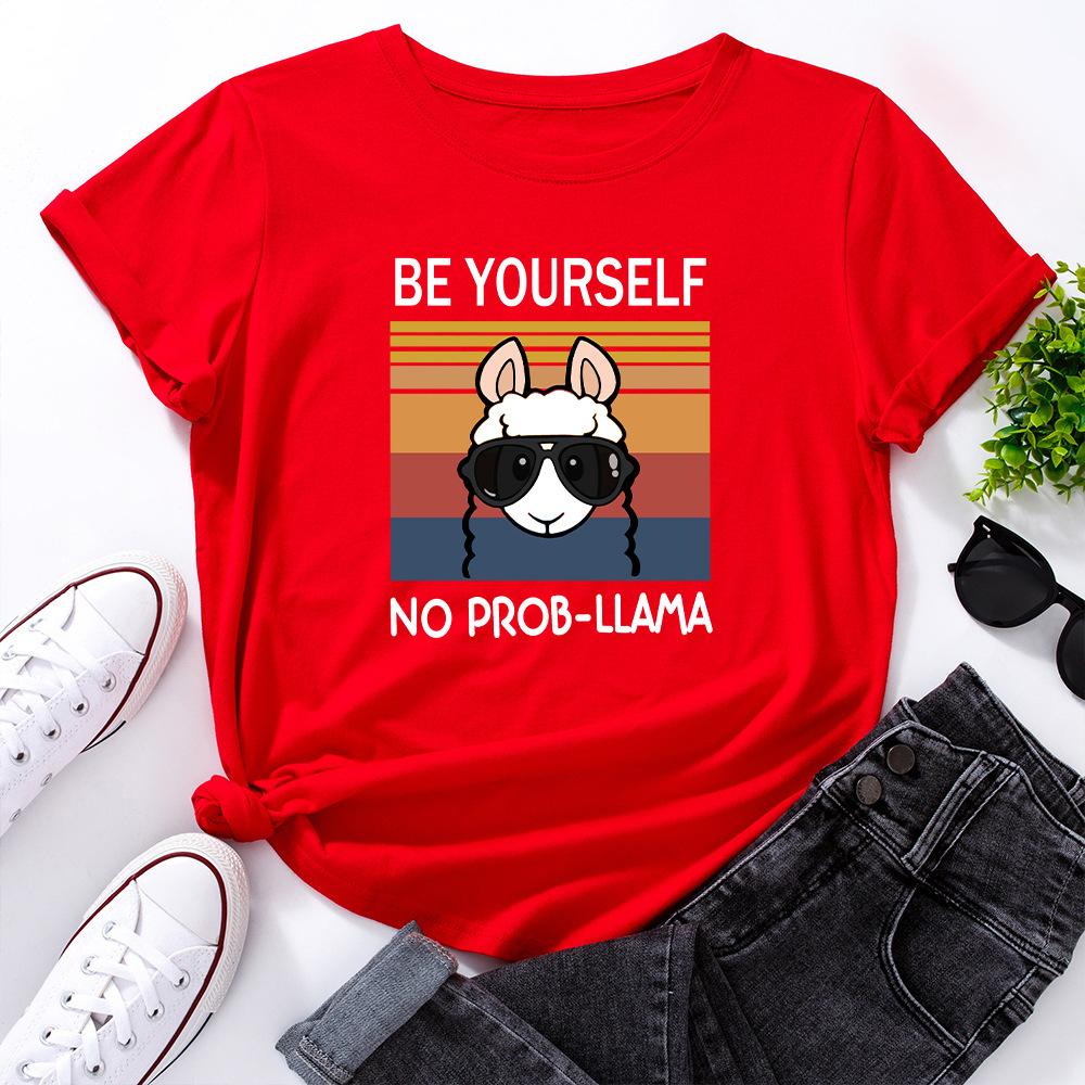 Women's Cute Alpaca Print Loose Round Neck Short Sleeved T-shirt for Women Shirt
