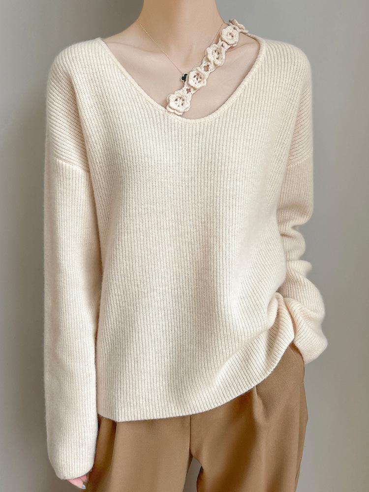 2025 Autumn/Winter Women's V-Neck 100% Wool Sweater: Loose, Stylish Lace Knitwear Base Layer