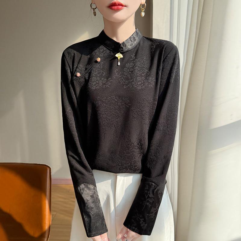 Premium Chinese Style Satin Jacquard Embroidered Diagonal Lapel Shirt for Spring and Autumn