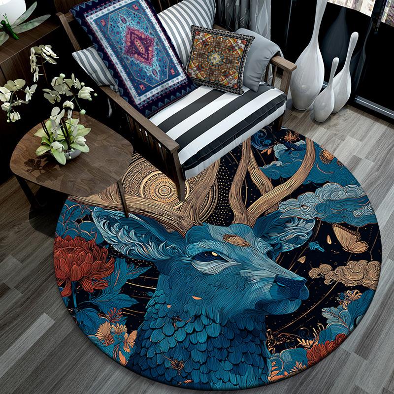 Deer Round Area Rug,Carpet Rug for Living Room Bedroom Sofa Playroom Decor,Non-slip Floor Mat