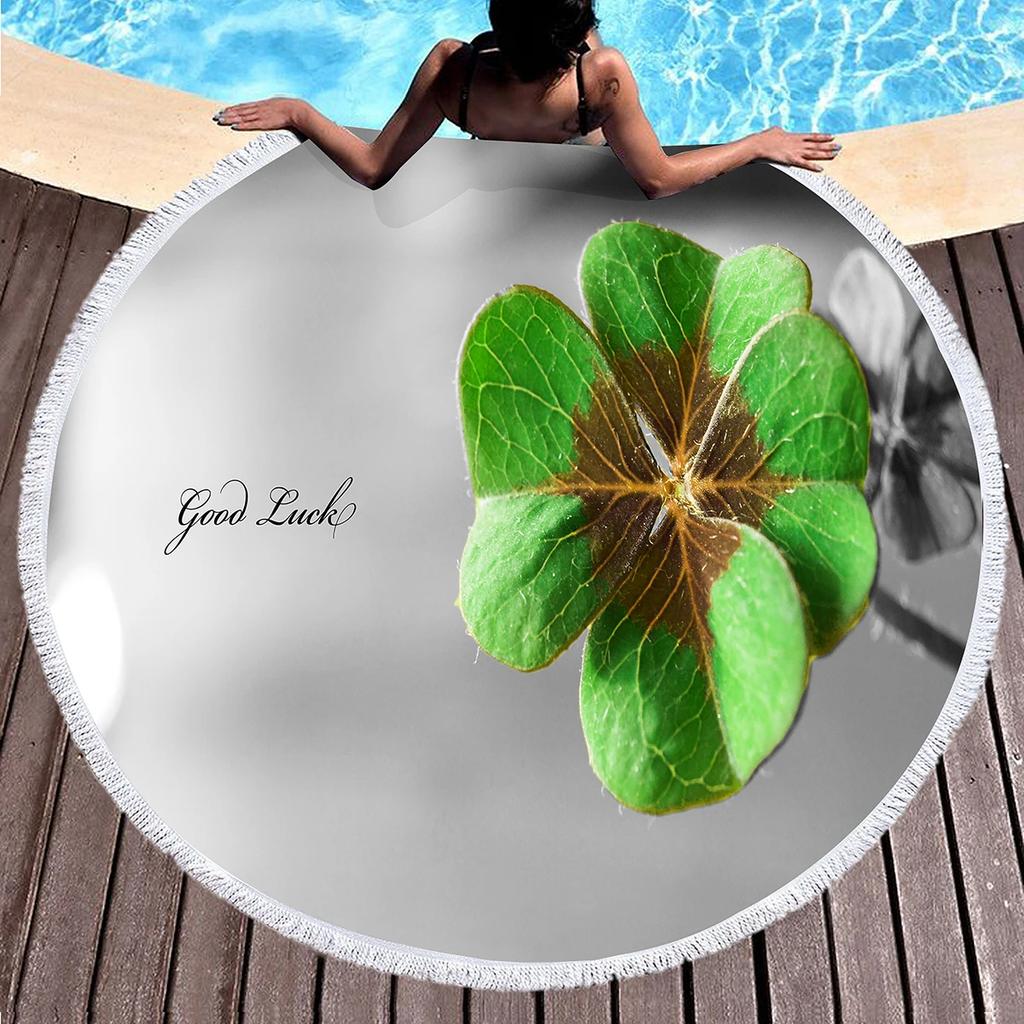 Lucky Clover Round Beach Towels,Soft Lightweight Sand Free Happy St. Patrick's Day Beach Blanket,Spring Botanical Leaves Towel